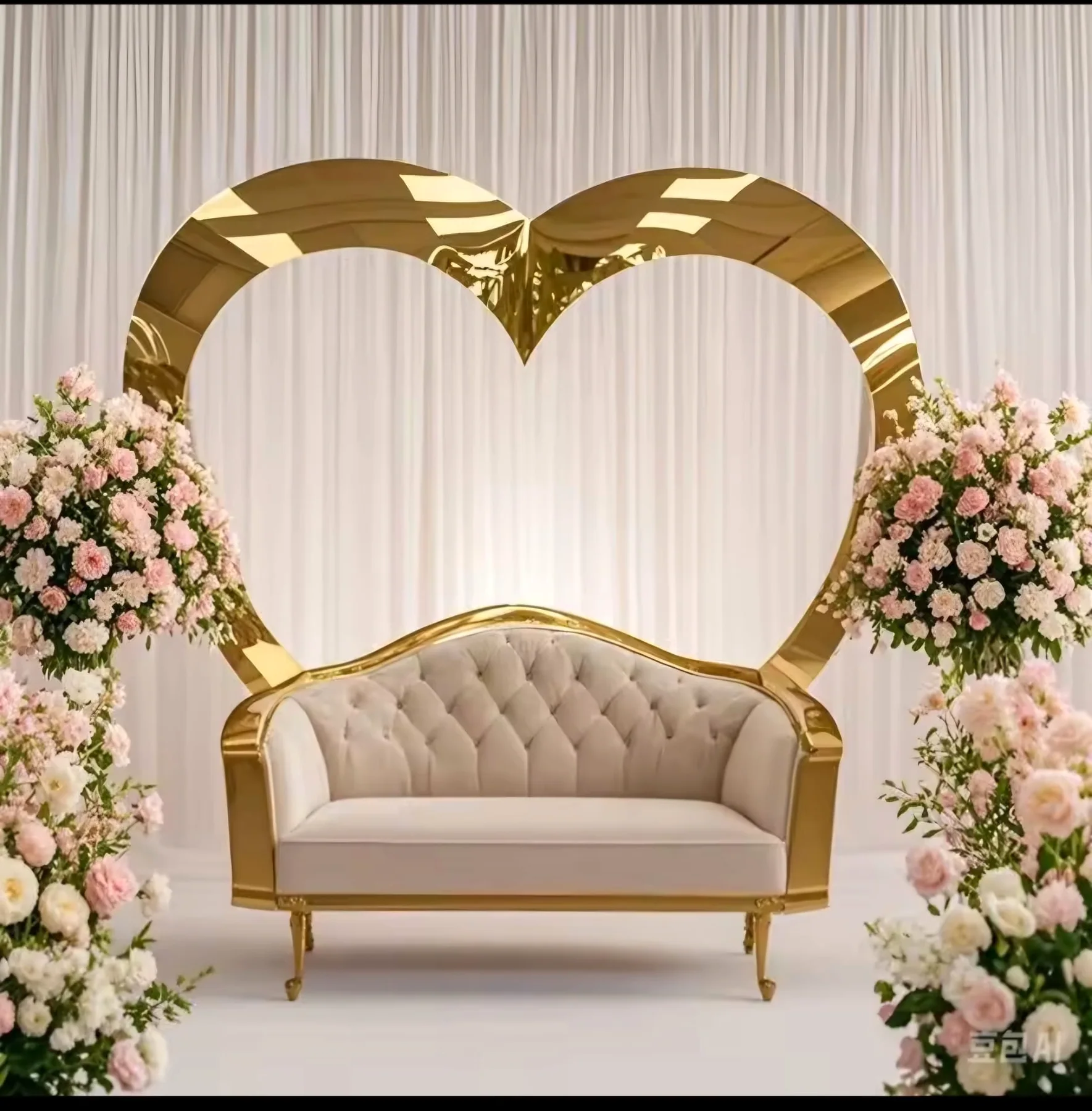 Gold heart-shaped lounge seating with floral accents